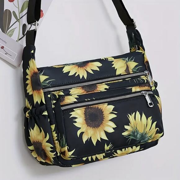 Sunflower Crossbody Bag Black Floral Purse, Multi Pockets, Adjustable Strap, NWT - Picture 2 of 8